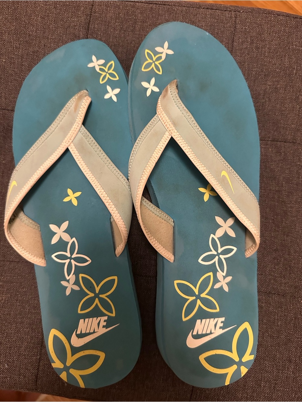 Nike Teal Flip Flop Sandals with Yellow & White Floral Print